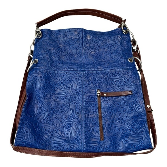 Real Leather Made in Italy Blue Embossed Soft Leather Convertible Adjustable Bag - Picture 14 of 14